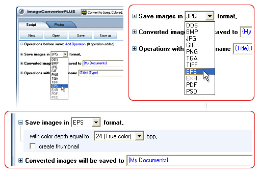 Convert ORF  to EPS. Avaible settings for EPS file format.