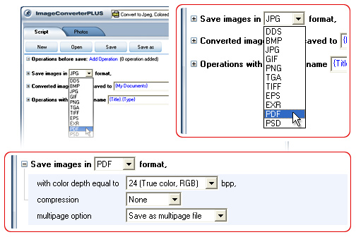 Convert TIFF to PDF. Avaible settings for PDF file format.