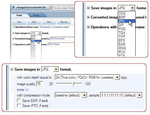 
      Convert BMP to JPEG. Avaible settings for JPEG file format.
    