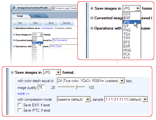 template2Convert PBM  to JPG. Avaible settings for JPG file format.